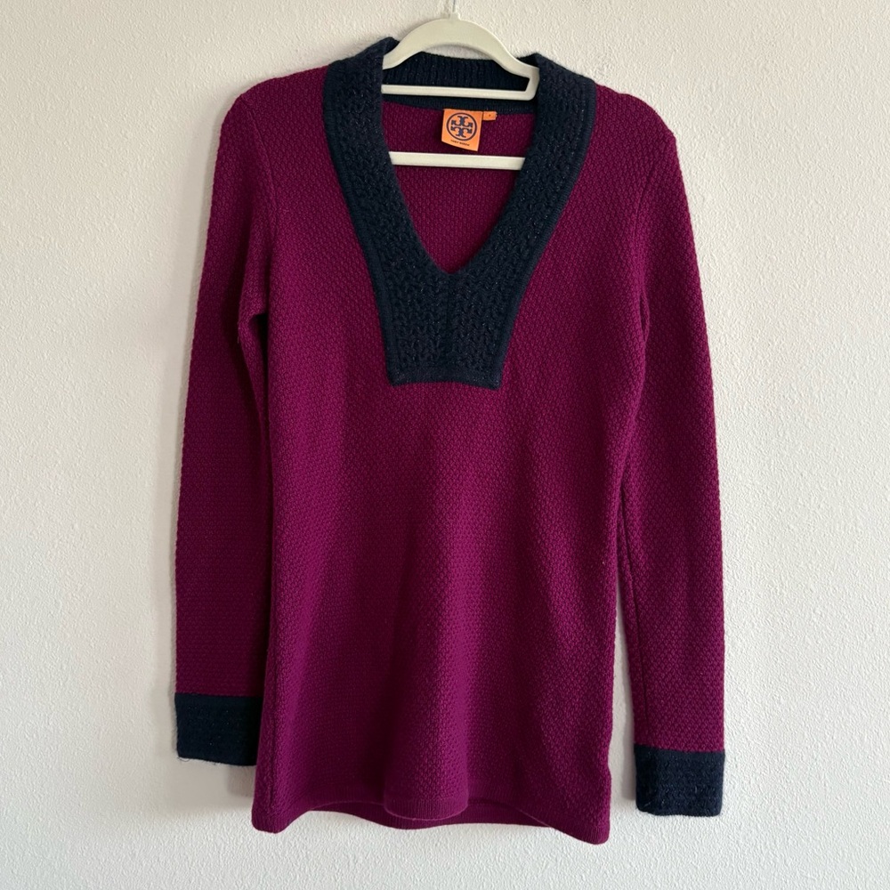 Tory Burch Cashmere Sweater Knit Tunic V-Neck Women’s Small Purple/Navy
